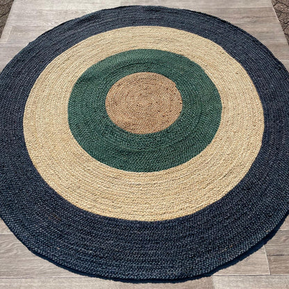 Brinker Jute Dart Teal Navy Rond Vloerkleed - 200x200cm - QF Living