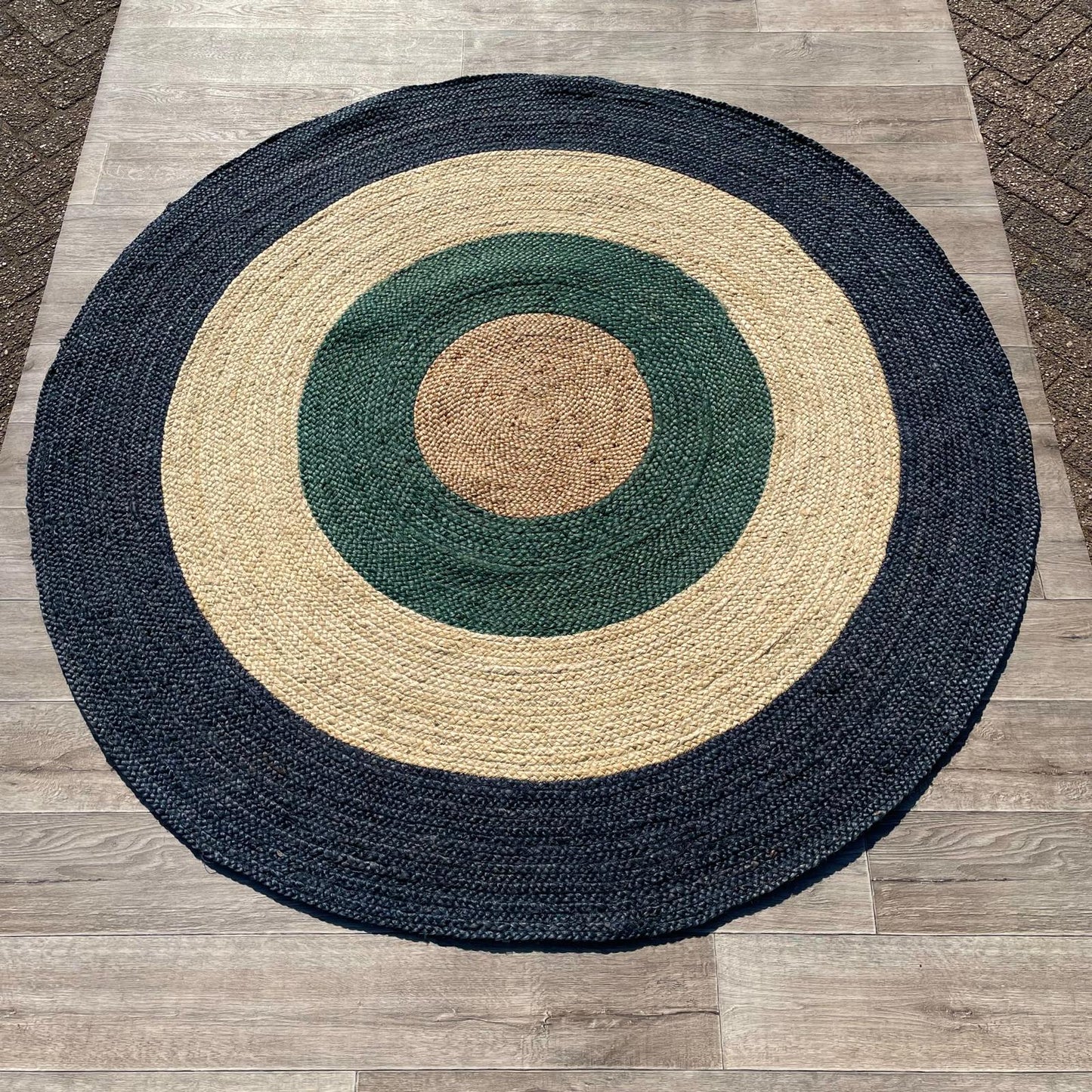 Brinker Jute Dart Teal Navy Rond Vloerkleed - 200x200cm - QF Living